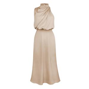 Detail of elegant satin sleeveless dress featuring cowl neck and draped pleats in champagne