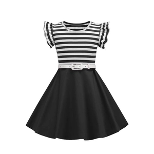 Vintage 50s style girls' striped puff sleeve dress with black skirt and white belt