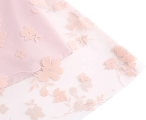 Détail de dentelle rose clair avec broderies florales complexes et texture de maille fine