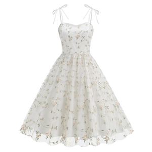 White tulle A-line dress with bow straps and pink floral embroidery for festive occasions