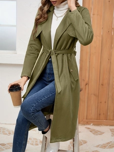 Olive green long faux suede trench coat with belted waist and notched lapel for women