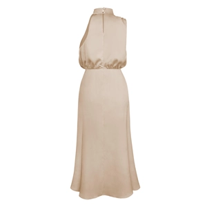 Detail view of champagne satin dress showing back pleated waist and silky draped fabric