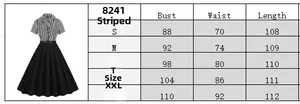 Size chart for V-neck striped short sleeve vintage dress with detailed S-XXL measurements