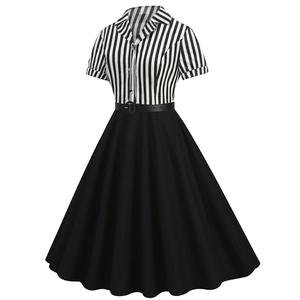 Detail of V-neck striped bodice and thin waist belt on 50s vintage style dress