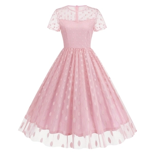 Elegant pink polka dot mesh A-line vintage 1950s cocktail dress with short sleeves