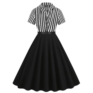 Vintage 1950s Women Short Sleeve Striped Patchwork A-Line Midi Dress With Belt Elegant V-Neck Hepburn Style Retro Party Dress