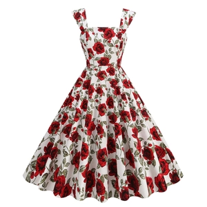 Vintage 1950s Hepburn Style Square Neck A-Line Midi Dress Floral Strawberry Cherry Printed Sleeveless Swing Party Dress For Women