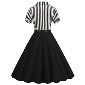 Retro 1950s V-neck striped patchwork midi dress with black A-line skirt back view