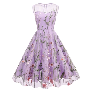 Women Vintage Sleeveless Round Neck Floral Embroidery Mesh Midi Dress Elegant Retro A-Line Party Wedding Evening Cocktail Dress