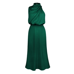 Detail of the high neck halter with elegant draped pleats on this dark green satin gown