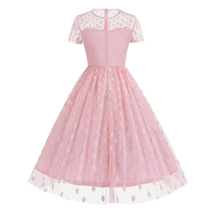 Detailed back view of a pink polka dot mesh retro cocktail dress with invisible zipper