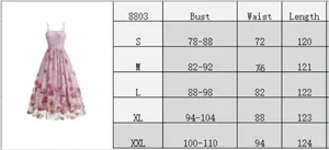 Detailed size guide table for elegant mesh floral cocktail dress in sizes S to XXL
