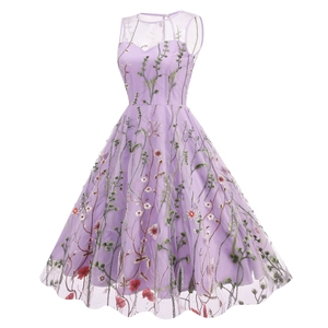 Elegant lavender sleeveless mesh midi dress with vintage floral embroidery and A-line silhouette