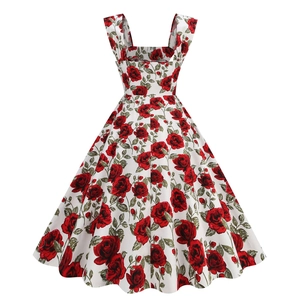 Detail view of the vintage floral print and square back neckline of the 1950s retro dress