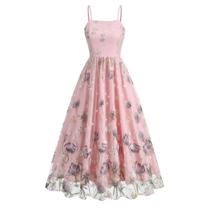 Pink floral embroidery mesh strap dress with vintage Audrey Hepburn style and A-line skirt