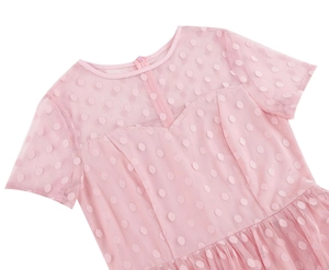 Close-up of pink polka dot retro dress with round neck and hidden back zipper detail
