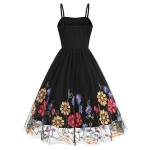 Vintage black A-line spaghetti strap dress with colorful floral embroidery on mesh skirt