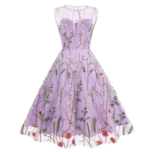 Lavender sleeveless midi dress with vintage floral embroidery and mesh neckline
