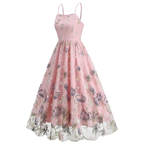 Detail of pink mesh cocktail dress with delicate floral embroidery and A-line silhouette