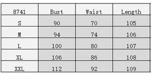 Detailed size chart for vintage striped short sleeve dress 8741 including S to XXL