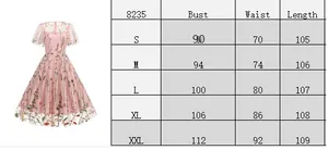 Size chart for round neck mesh embroidery dress with S to XXL measurements in cm