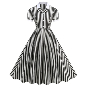 Women's Vintage 1950s Audrey Hepburn Style Black And White Vertical Striped Short Sleeve A-Line Midi Dress With Peter Pan Collar