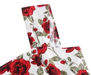 Detail view of red rose floral print on white square neck strap with neat stitching
