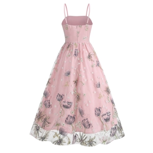 Detailed back view of pink mesh cocktail dress with floral embroidery and hidden zipper