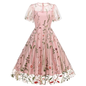 Women Vintage Embroidered Mesh Dress Floral Round Neck Ruffle Flutter Sleeve A-Line Midi Elegant Party Gown For Banquet Date Night
