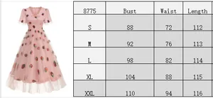 Size chart detail for vintage mesh strawberry dress showing bust, waist and length