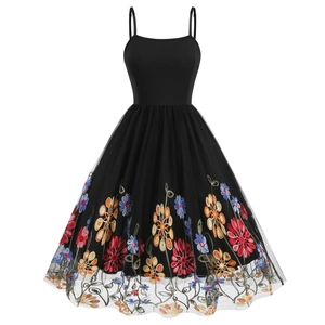 Retro black Hepburn mesh cocktail dress with vibrant floral embroidery on the tulle hem