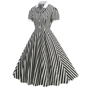 Vintage 1950s black and white striped A-line dress with Peter Pan collar and white buttons