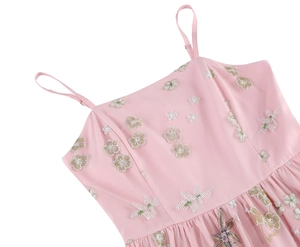 Detailed close-up of pink mesh dress with delicate floral embroidery and adjustable straps