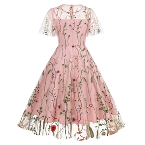 Pink tulle A-line midi dress with intricate floral embroidery and sheer butterfly sleeves