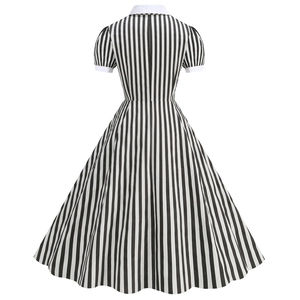Vintage 50s black and white striped short sleeve dress with Peter Pan collar and A-line skirt