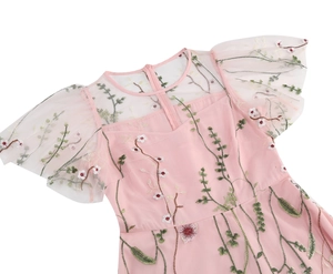 Close-up of mesh round neck with floral leaf embroidery on pink puff sleeve dress