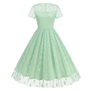 Retro 1950s Hepburn style light green polka dot mesh dress with short sleeves and round neck