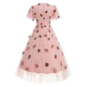 Vintage 50s pink mesh dress with sequined strawberry pattern and flared hemline