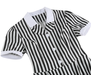 Detail view of vintage 50s striped dress with white lapel collar and round buttons