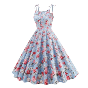 Close-up of light blue floral dress with red flowers, spaghetti straps and front buttons