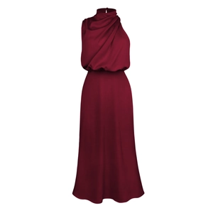 Detail of burgundy satin halter dress showing elegant draped neckline and silky fabric