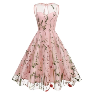 Pink sleeveless retro A-line dress with colorful floral embroidery and mesh neckline