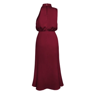 Back view of elegant burgundy satin sleeveless dress showing high neck and zip detail