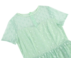 Close-up of mint green polka dot mesh fabric with round neck and hidden back zipper detail