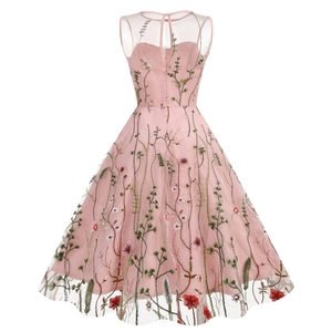 Pink sleeveless A-line vintage dress with floral embroidery and sheer mesh back detail