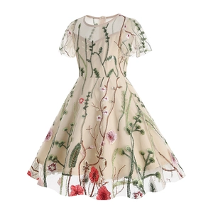Detail of floral embroidery on mesh fabric of beige girls short sleeve party dress