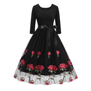 Vintage Damen Mesh Patchwork A-Linien Kleid Elegant Stickerei Polka Dot Herz Beflockung Swing Midi Kleid Mit Satin Bogen Gürtel