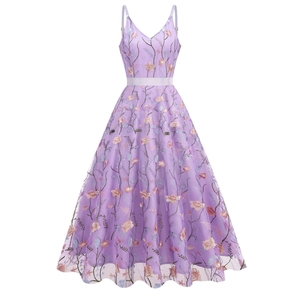 Purple V-neck mesh maxi dress with floral embroidery and adjustable straps
