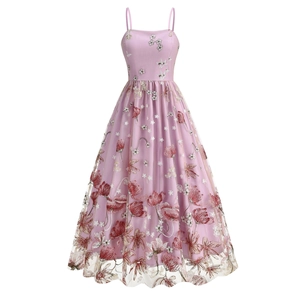 Elegant purple mesh cocktail dress with floral embroidery and adjustable straps