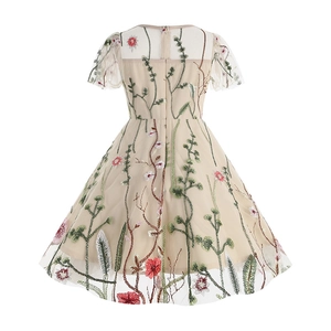 Back view of girls floral embroidery tulle dress with hidden zipper and short sleeves
